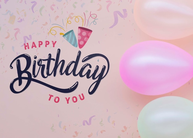 PSD happy birthday to you lettering with pastel balloons