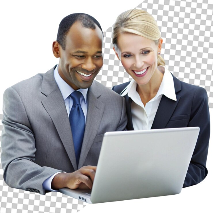 PSD happy black businessman using laptop typing isolated on transparent background