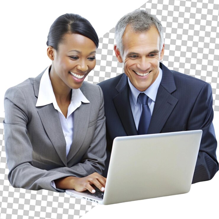 PSD happy black businessman using laptop typing isolated on transparent background
