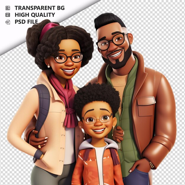 PSD Счастливая чёрная семья 3d мультфильмный стиль белый фон изолирован