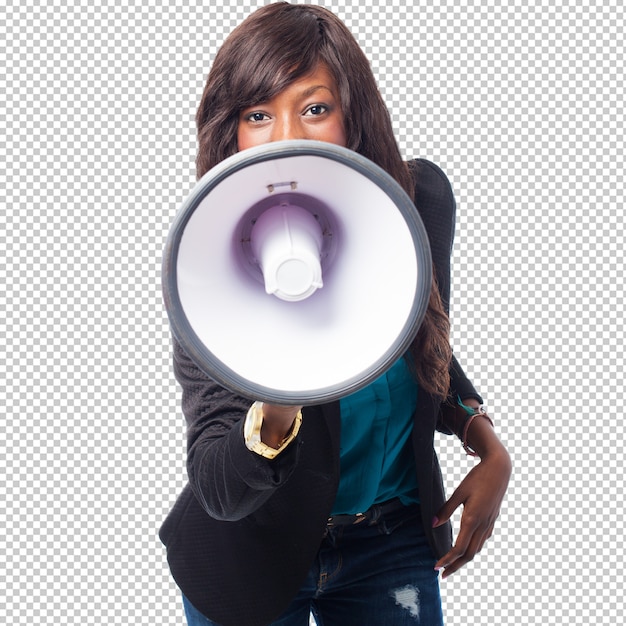 PSD happy black woman with megaphone