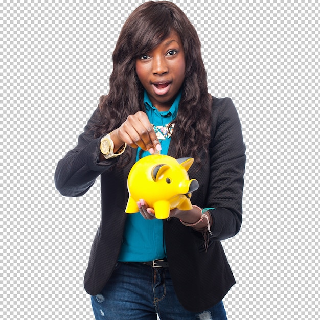 Happy black woman with piggy bank