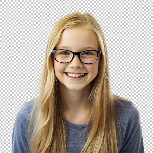 PSD happy blond teenager girl wearing glasses on transparent background