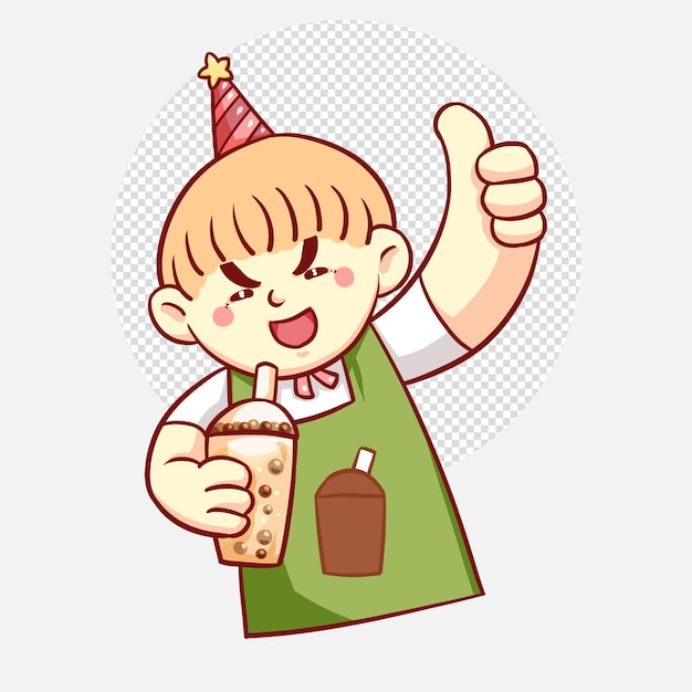 Happy boy drinking bubble milk tea cartoon art illustration