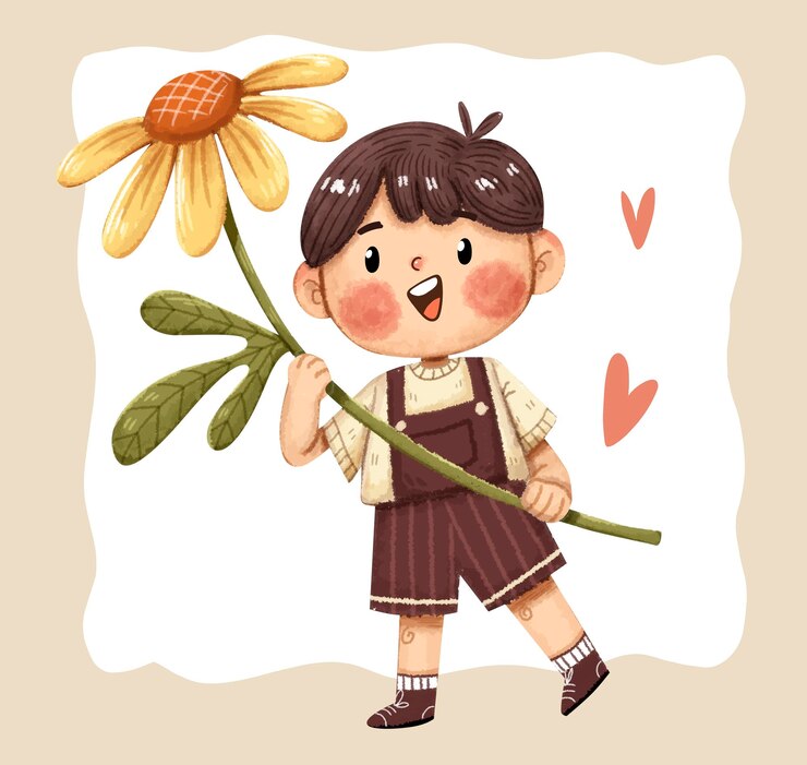 PSD happy boy holding a big flower