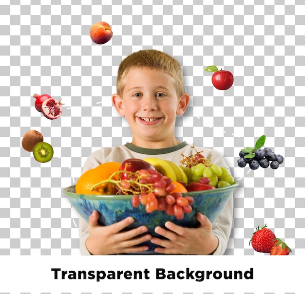 Happy boy holding a bowl of fresh colorful fruits with a transparent background