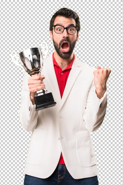 PSD happy brunette man with glasses holding a trophy