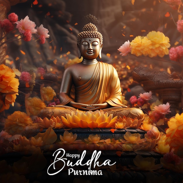 PSD happy buddha purnima day poster on flower background