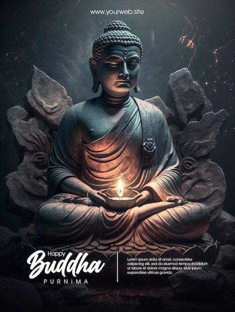 PSD happy buddha purnima poster with buddha background