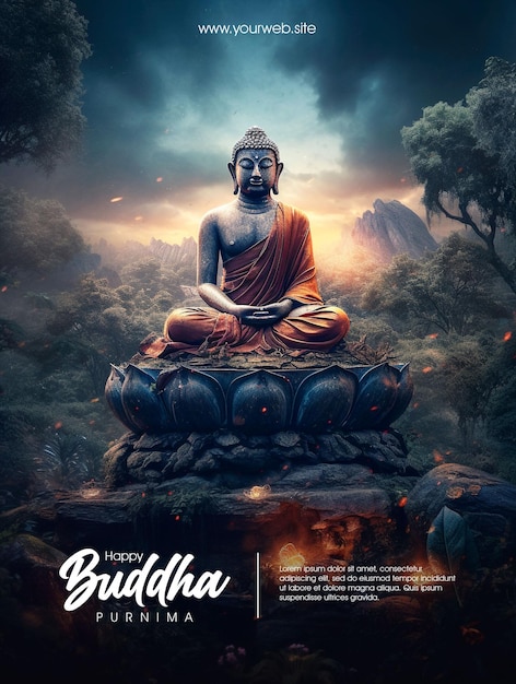 PSD happy buddha purnima poster with buddha background