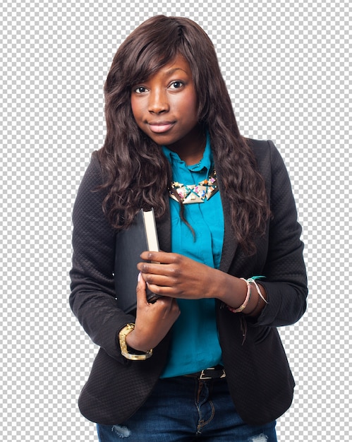 Happy business black woman reading a book