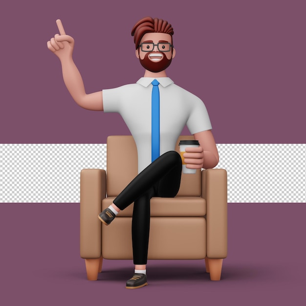 L'uomo d'affari felice che si siede sul sofà punta il dito con il rendering 3d della tazza di caffè