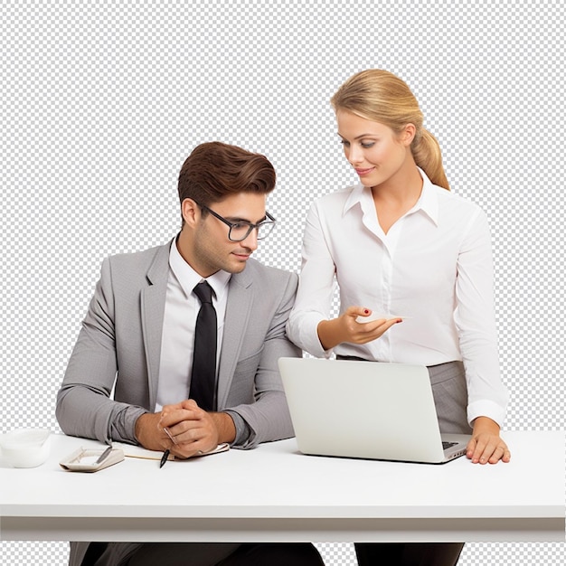 Happy business mand and women working on laptop