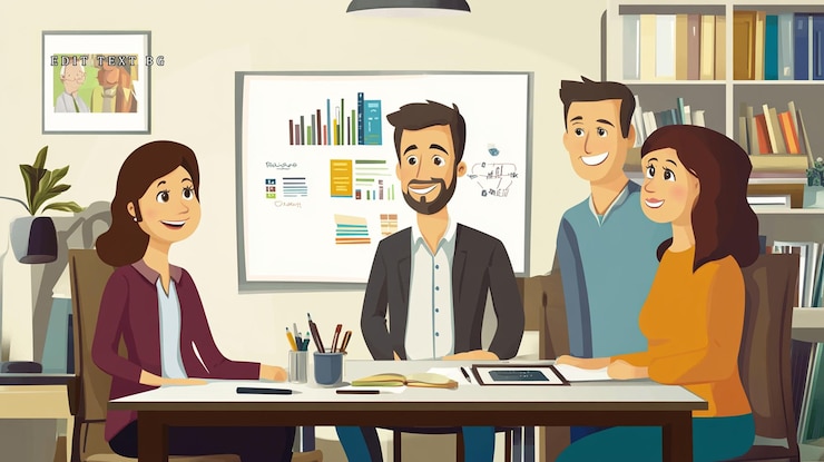 PSD happy business team meeting around a table in office