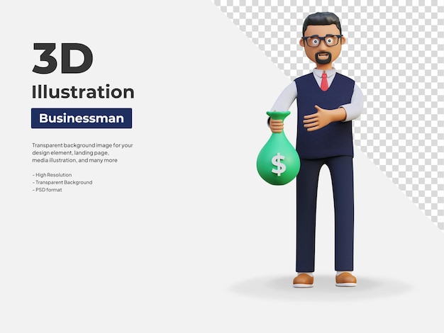 Happy businessman carrying bag of money 3d character illustration