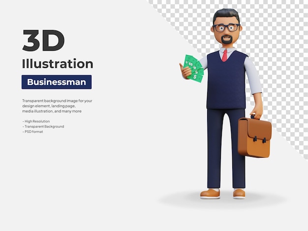 Happy businessman carrying suitcase and money 3d character illustration