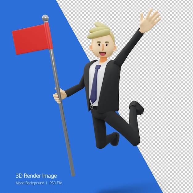 PSD happy businessman holding goal flag and jumpingsuccess concept3d rendering cartoon illustration