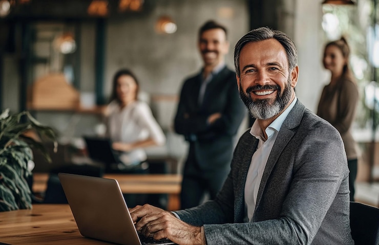 PSD happy businessman sitting at his desk with laptop and looking to camera while standing office worker
