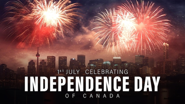 PSD happy canada independence day poster concetto con vista notturna della città e fuochi d'artificio