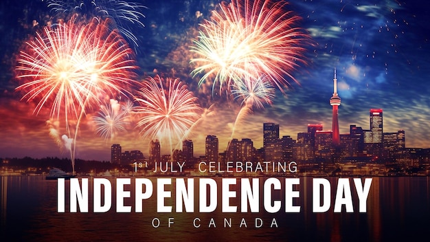 PSD happy canada independence day poster concetto con vista notturna della città e fuochi d'artificio