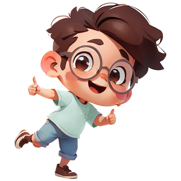 PSD Счастливый мальчик из мультфильмов с очками и голубой рубашкой и пальцами вверх