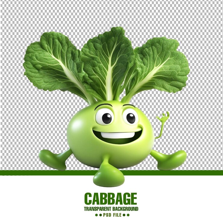 PSD happy cartoon cabbage emoji cute vegetable character with transparent background