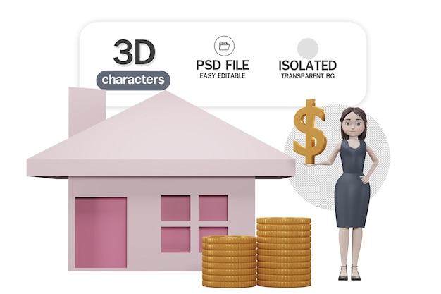 PSD happy cartoon vrouw die geld investeert in onroerend goed concept van zakelijke hypotheekbetalingen