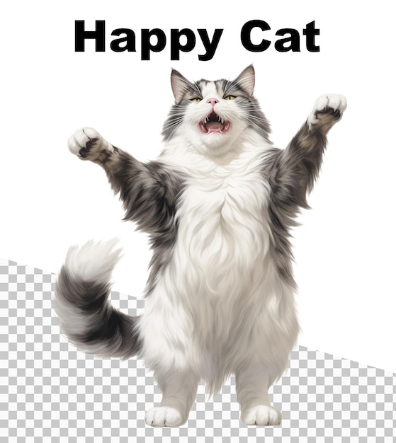 A happy cat is standing on its hind legs and the words happy cat are on the top of the picture.