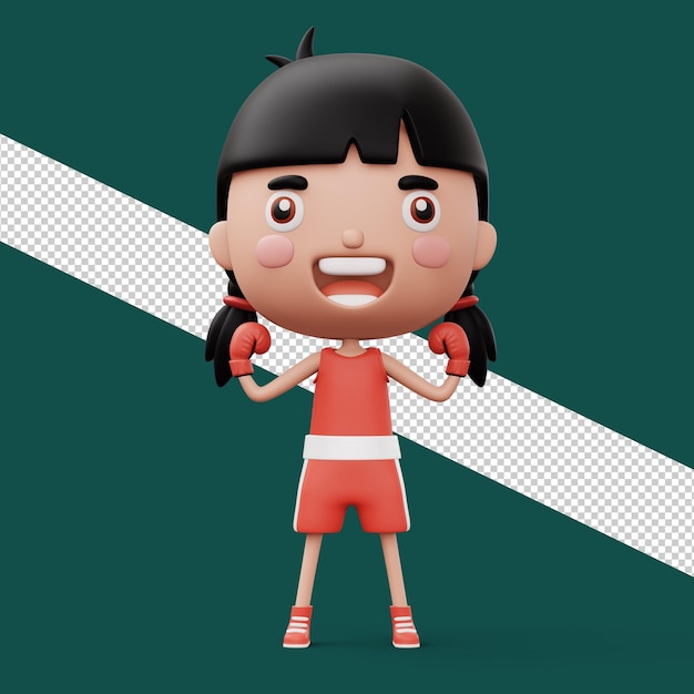 Happy child boxer, fighter girl with boxer glove, kid character, 3d rendering