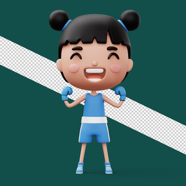 Счастливый ребенок-боксер, девушка-боец с боксерской перчаткой, детский персонаж, 3d-рендеринг