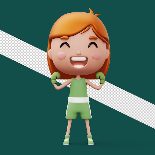 Happy child boxer, fighter girl with boxer glove, kid character, 3d rendering