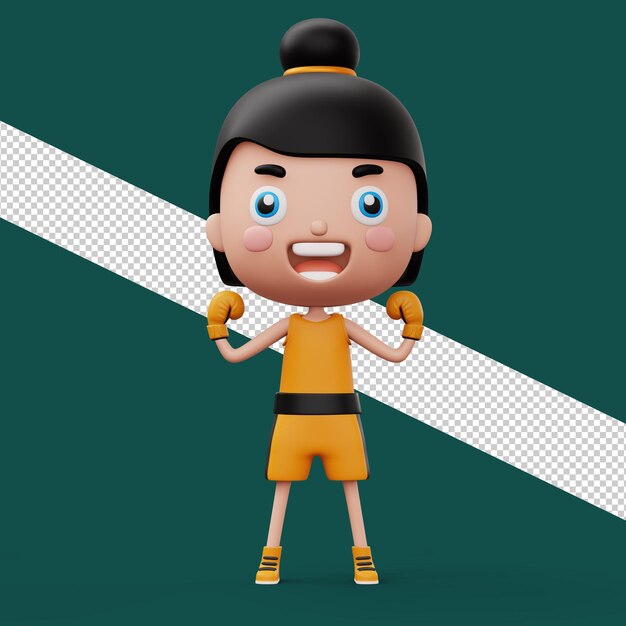 Happy child boxer, fighter girl with boxer glove, kid character, 3d rendering