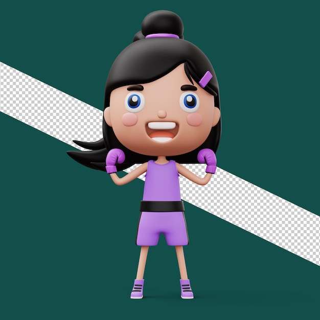 행복한 어린이 권투 선수, 권투 장갑을 입은 싸움 소녀, 어린이 캐릭터, 3d 렌더링