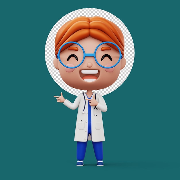 행복 한 아이 의사 아이 의사 가리키는 손가락 직업 아이 캐릭터 3d 렌더링