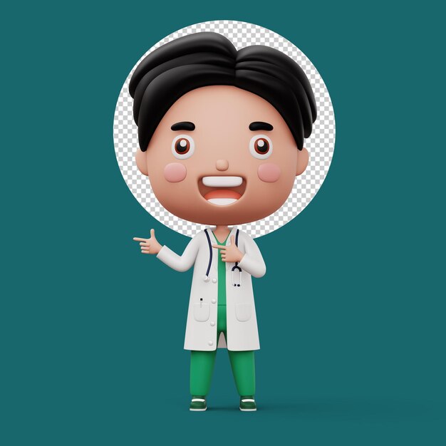 Happy child doctor kid doctor pointing finger occupation kid character 3d rendering