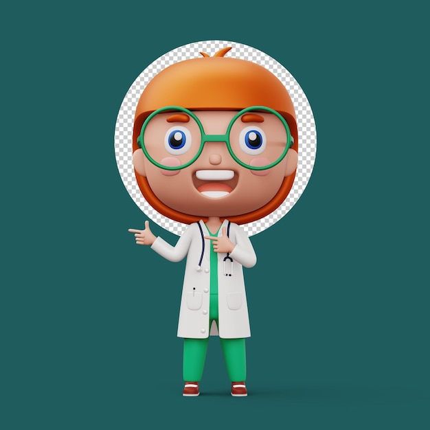 행복 한 아이 의사 아이 의사 가리키는 손가락 직업 아이 캐릭터 3d 렌더링