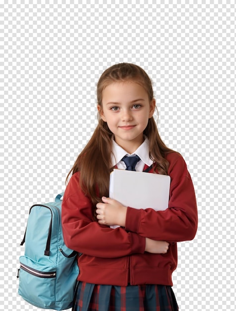PSD ragazza felice della scuola del bambino con lo zaino e il libro in sue mani isolate su sfondo trasparente