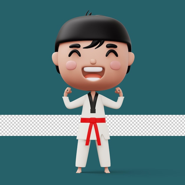 PSD bambino felice combattente di taekwondo che indossa l'uniforme da taekwondo personaggio bambino rendering 3d