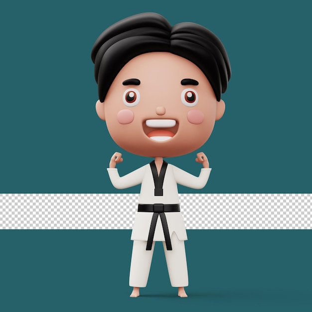 PSD bambino felice combattente di taekwondo che indossa l'uniforme da taekwondo personaggio bambino rendering 3d