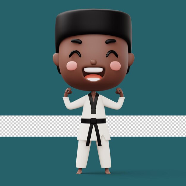 Bambino felice combattente di taekwondo che indossa l'uniforme da taekwondo personaggio bambino rendering 3d