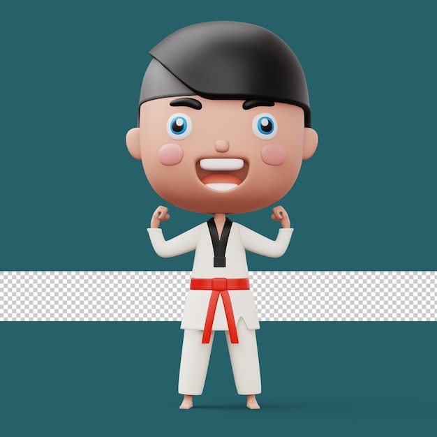 PSD bambino felice combattente di taekwondo che indossa l'uniforme da taekwondo personaggio bambino rendering 3d