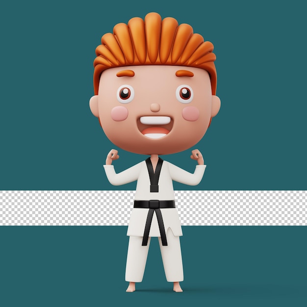 Bambino felice combattente di taekwondo che indossa l'uniforme da taekwondo personaggio bambino rendering 3d