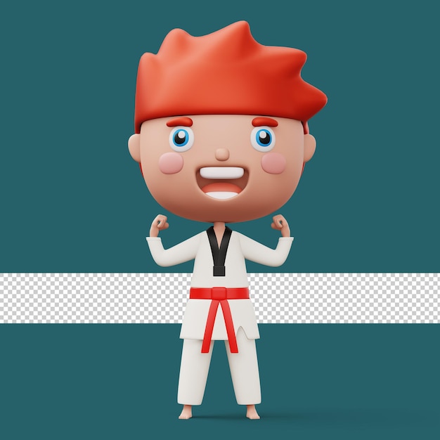 PSD bambino felice combattente di taekwondo che indossa l'uniforme da taekwondo personaggio bambino rendering 3d