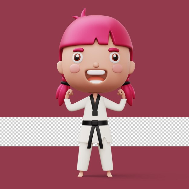 PSD la ragazza felice del combattente di taekwondo del bambino indossa il rendering 3d del personaggio del bambino uniforme del taekwondo