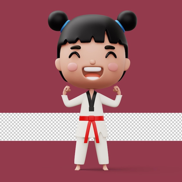 Happy child taekwondo fighter girl wear taekwondo uniform kid character 3d rendering