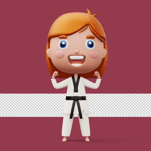 PSD happy child taekwondo fighter girl wear taekwondo uniform kid character 3d rendering