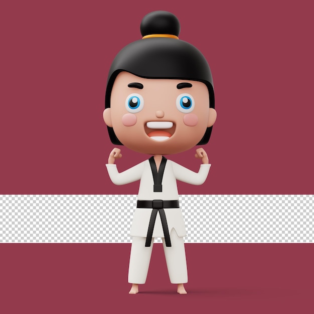 PSD la ragazza felice del combattente di taekwondo del bambino indossa il rendering 3d del personaggio del bambino uniforme del taekwondo