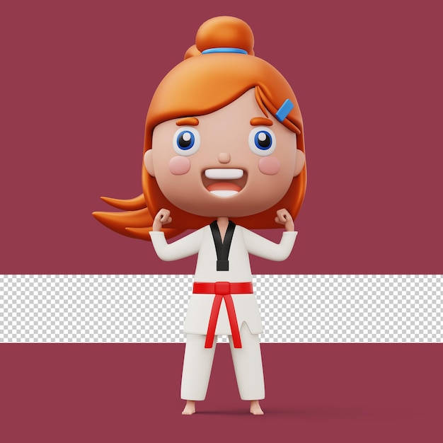 행복한 아이 태권도 선수 소녀는 태권도 유니폼을 입은 아이 캐릭터 3d 렌더링을 입습니다