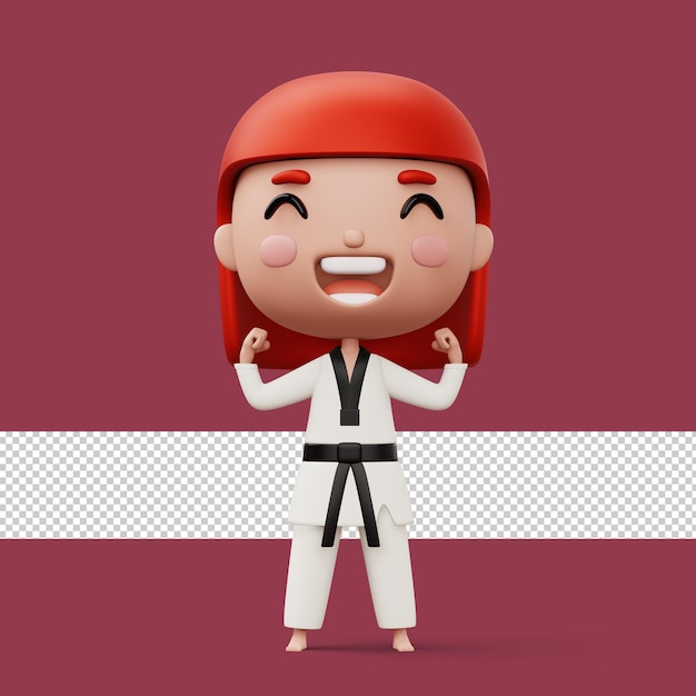 Happy child taekwondo fighter girl wear taekwondo uniform kid character 3d rendering