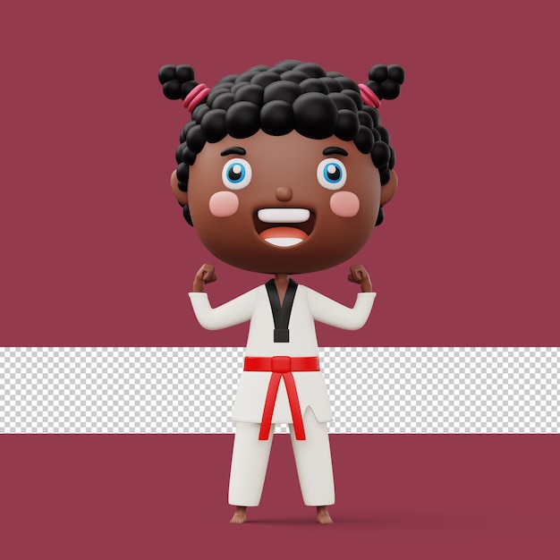 PSD la ragazza felice del combattente di taekwondo del bambino indossa il rendering 3d del personaggio del bambino uniforme del taekwondo